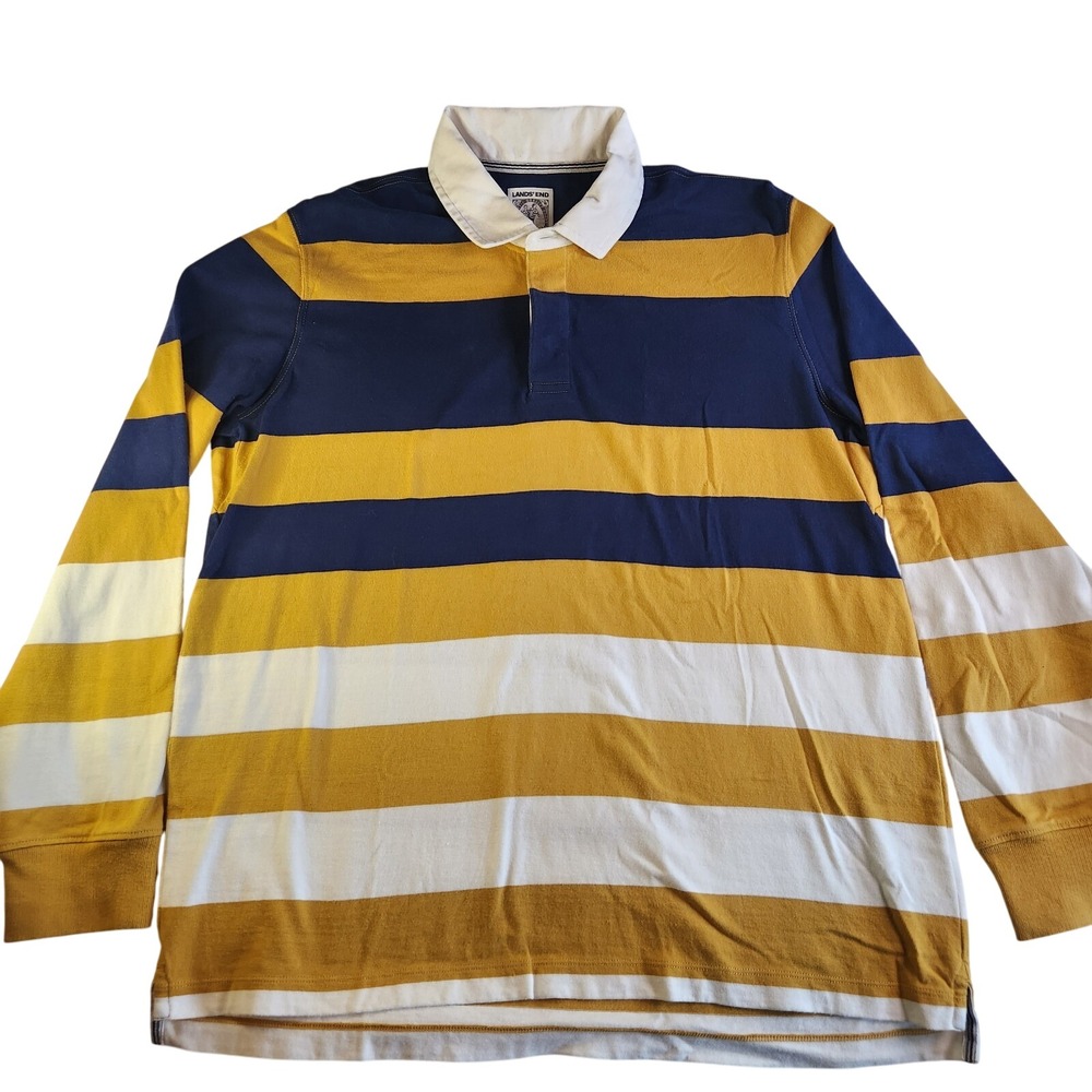 VTG LANDS END Rugby Polo Shirt Mens XL Yellow Navy Blue striped Long Sleeve